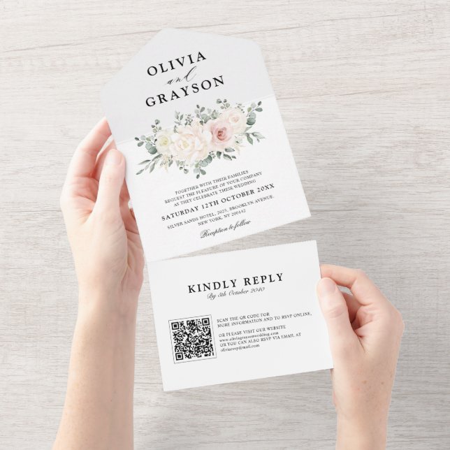 Champagne Ivory Blush Pink Floral QR code Wedding All In One Invitation (Tearaway)