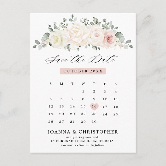 Champagne Ivory Blush Pink Floral Save the Date Postcard (Front)