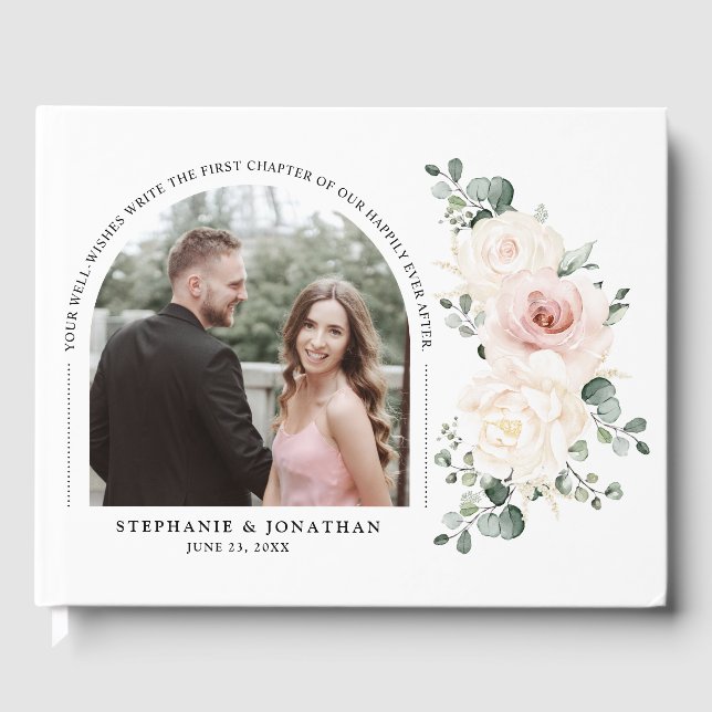 Champagne Ivory Blush Pink Floral Wedding Photo    Guest Book (Front)