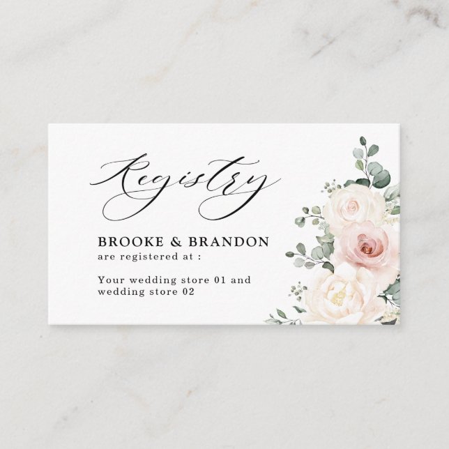 Champagne Ivory Blush Pink Floral Wedding Registry Enclosure Card (Front)