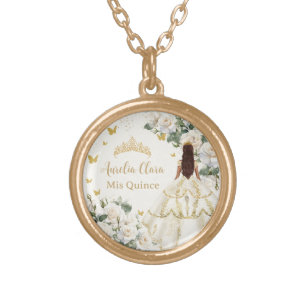 Champagne Ivory Floral Butterflies Quinceañera Gold Plated Necklace