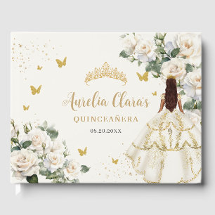 Champagne Ivory Floral Butterflies Quinceañera Guest Book