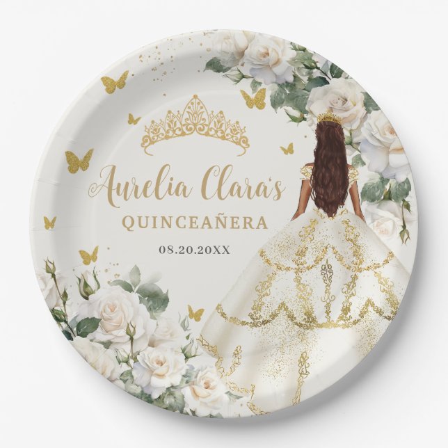 Champagne Ivory Floral Butterflies Quinceañera Paper Plate (Front)