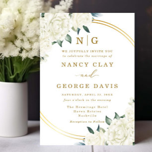 Champagne Ivory Floral Greenery Monogram Wedding Invitation