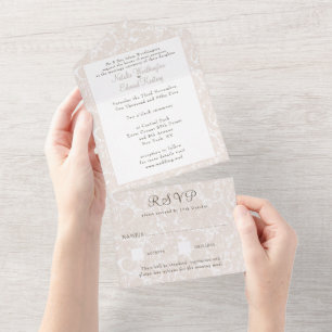 Champagne Ivory Lace Filigree Paisley Wedding RSVP All In One Invitation