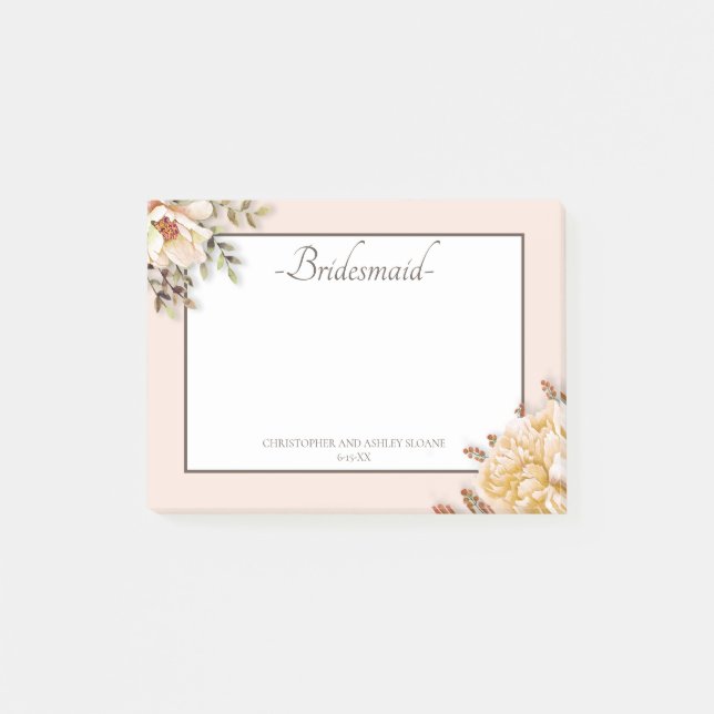 Champagne Ivory Pink Floral Bridesmaid Post-it Notes (Front)