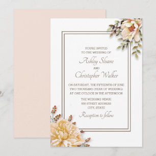 Champagne Ivory White Floral Wedding Invitation