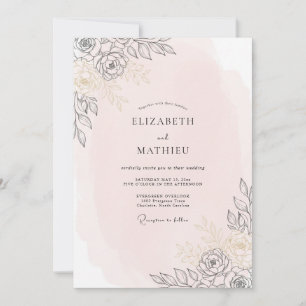 Champagne Line Art Eucalyptus Wedding Invitation