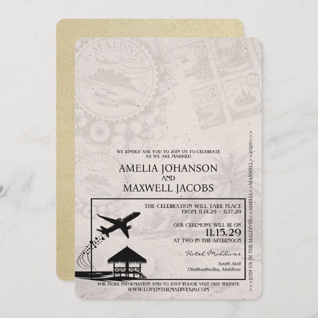 Champagne Maldives Passport Wedding Invitation (Front/Back)