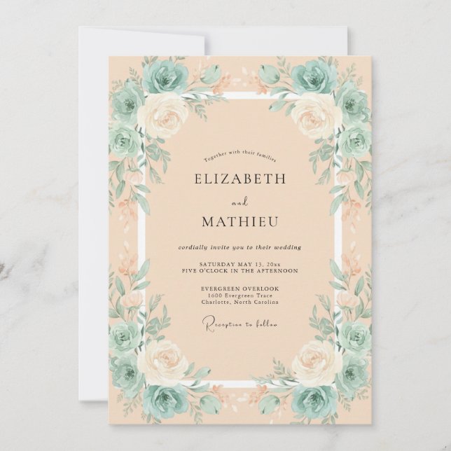 Champagne Mint Leafy Wedding Invitation (Front)