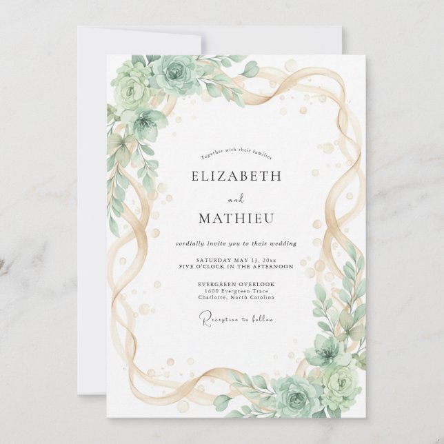 Champagne Mint Succulent Eucalyptus Wedding Invitation (Front)