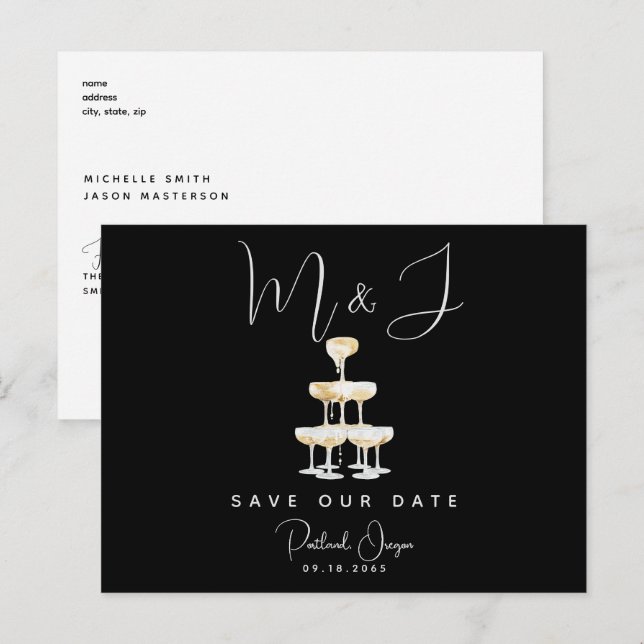 Champagne Modern Black Wedding Save the Date II Postcard (Front/Back)