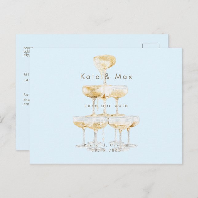 Champagne Modern Ice Blue Wedding Save the Date Postcard (Front/Back)