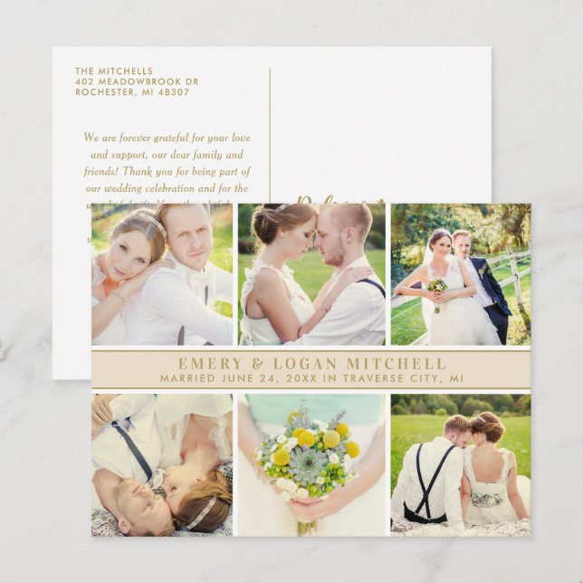 Champagne Monogram Wedding Photo Collage Thank You Postcard (Front/Back)