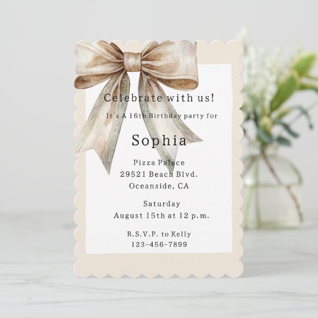 Champagne Moss Bow 16th Birthday Invitation (Standing Front)