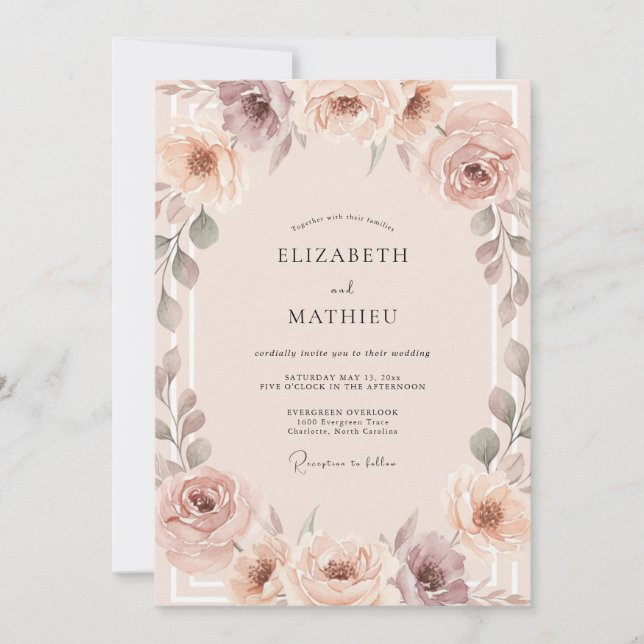 Champagne Muted Mauve Peony Wedding Invitation (Front)