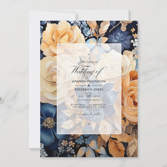 Champagne, Navy and Brown Floral Spring Wedding Invitation (Front)