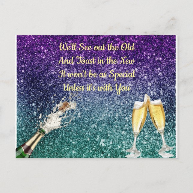 Champagne, ombre glitter, New Years Invitation (Front)