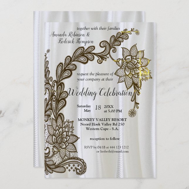  Champagne Or silver Silk & black Lace Invitation (Front/Back)