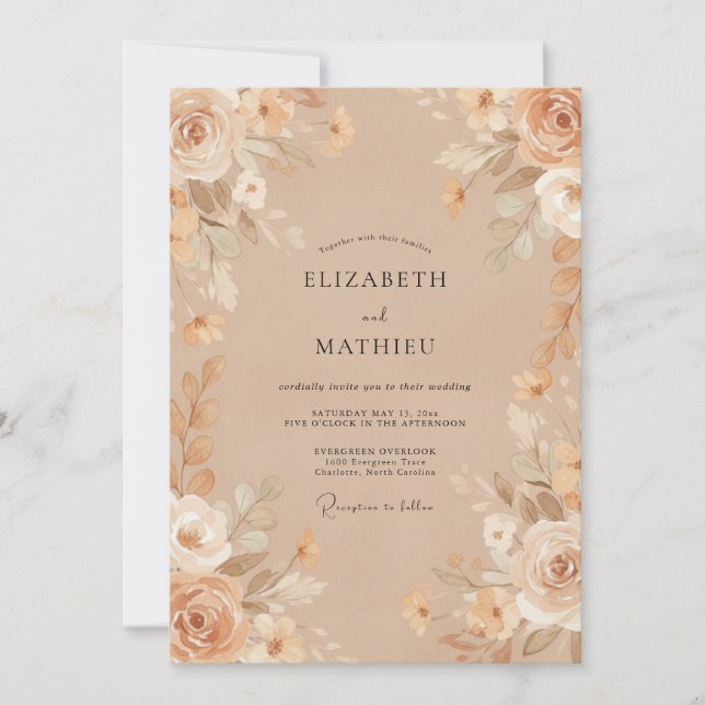 Champagne Painted Peony Wedding Invitation (Front)