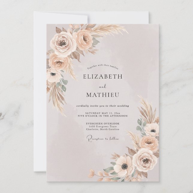 Champagne Pampas Foliage Eucalyptus Wedding Invitation (Front)