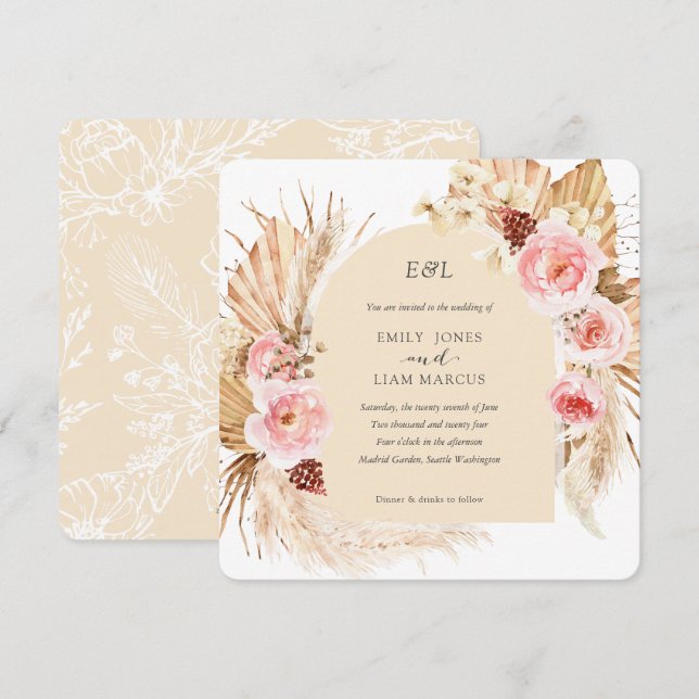 Champagne Pampas Grass Boho Floral Square Invitation (Front/Back)