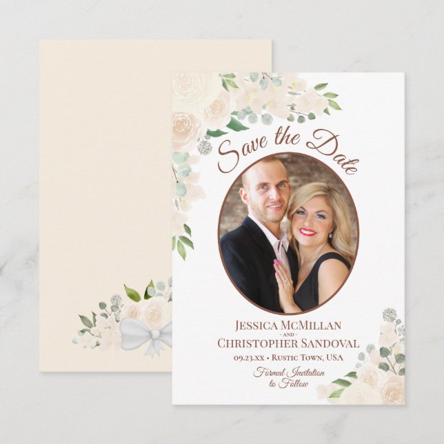 Champagne Peach Boho Floral Oval Photo Wedding Save The Date (Front/Back)