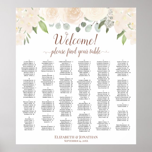 Champagne Peach Floral Alphabetical Seating Chart (Front)