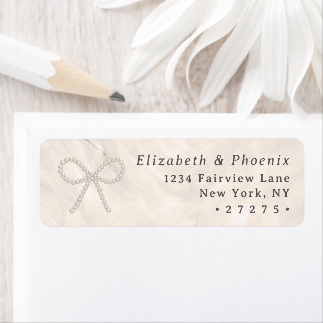 Champagne Pearl Bow Elegant Wedding Return Address (Insitu)