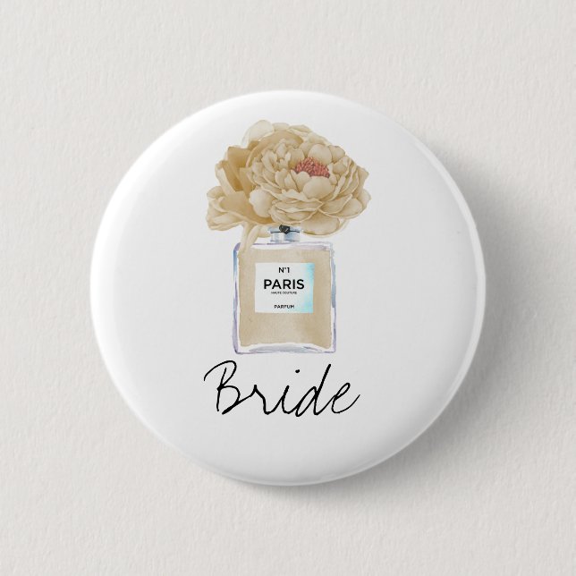 Champagne Peonies & Perfume Bride 2 Inch Round Button (Front)