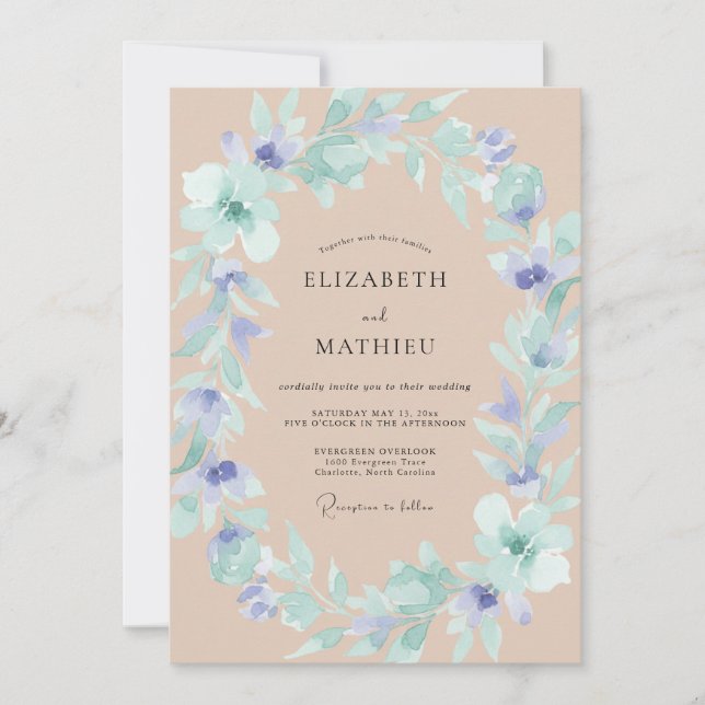 Champagne Periwinkle Wreath Wedding Invitation (Front)