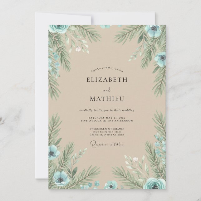 Champagne Pine Evergreen Eucalyptus Wedding Invitation (Front)