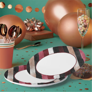 Champagne Pink Burgundy Black Stripes   Paper Plate