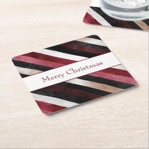 Champagne Pink Burgundy Black Stripes Square Paper Coaster
