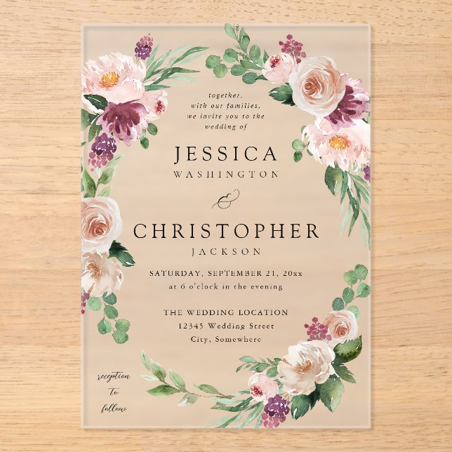 Champagne & Pink Floral 2 Wedding Acrylic Invitations (Front)