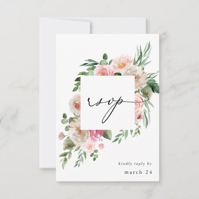 Champagne & Pink Floral w Meal RSVP 2 Card (Front)