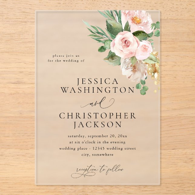 Champagne & Pink Floral Wedding Acrylic Invitations (Front)