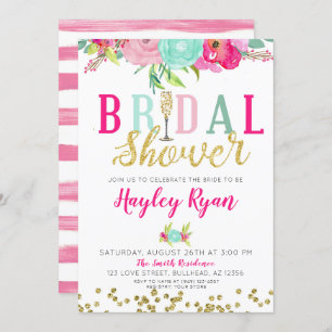 Champagne Pink & Mint Flowers Bridal Shower Invitation