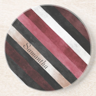 Champagne Pink Red Burgundy Black Stripes Name Coaster