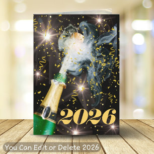 Champagne Pop Gold Confetti Happy New Year Festive Holiday Card
