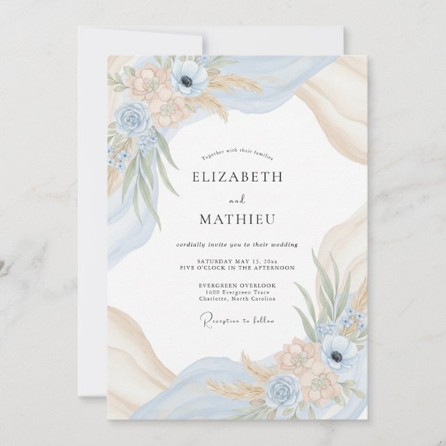 Champagne Powder Blue Eucalyptus Wedding Invitation (Front)