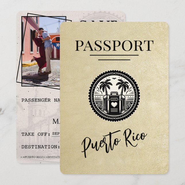 Champagne Puerto Rico Passport Save The Date (Front/Back)