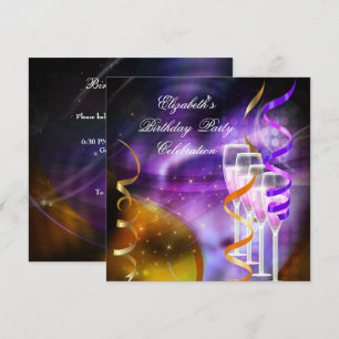 Champagne Purple Gold Abstract Birthday Party Invitation