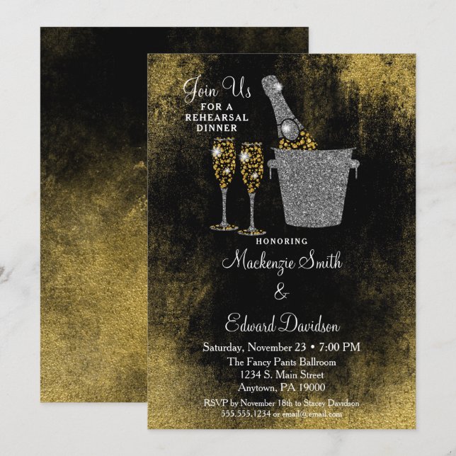 Champagne Rehearsal Dinner Invitation Black Gold (Front/Back)