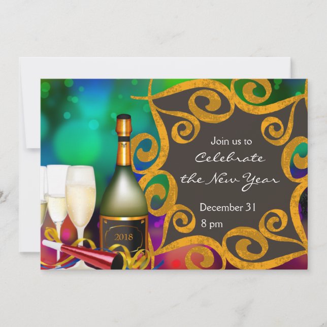 Champagne Ribbons New Year Invitation (Front)