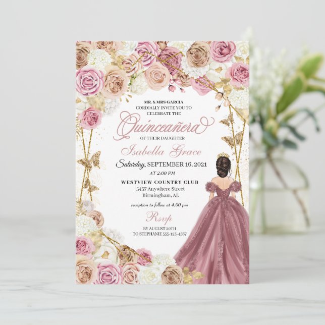 Champagne Rose Gold Butterfly Princess Quinceanera Invitation (Standing Front)
