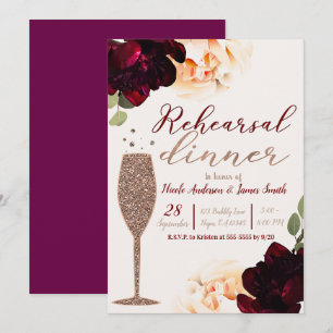 Champagne Rose Gold Floral Rehearsal Dinner Invitation