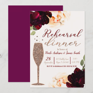 Champagne Rose Gold Floral Rehearsal Dinner Invitation