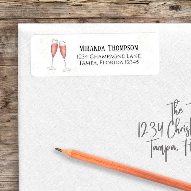 Champagne Rose Shower de Mariage Aquarelle (Pink champagne return address label with bubbly champagne artwork. )