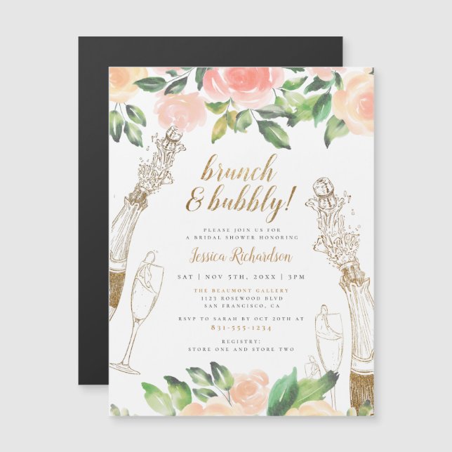 Champagne & Roses | Brunch & Bubbly Bridal Shower Magnetic Invitation (Front/Back)